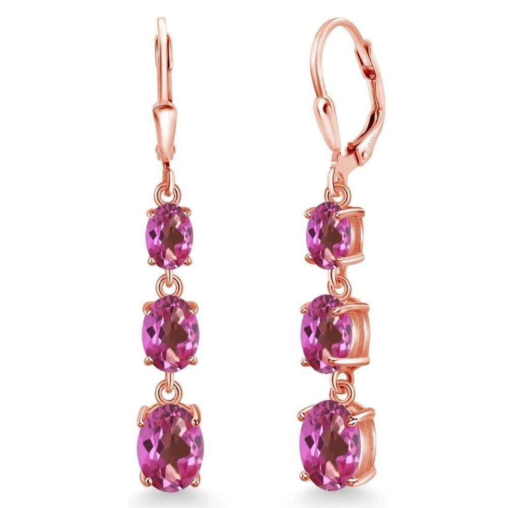 18K Rose Gold with 5.20 Cttw 3 Stone Pink Mystic Topaz Leverback Drop Earrings